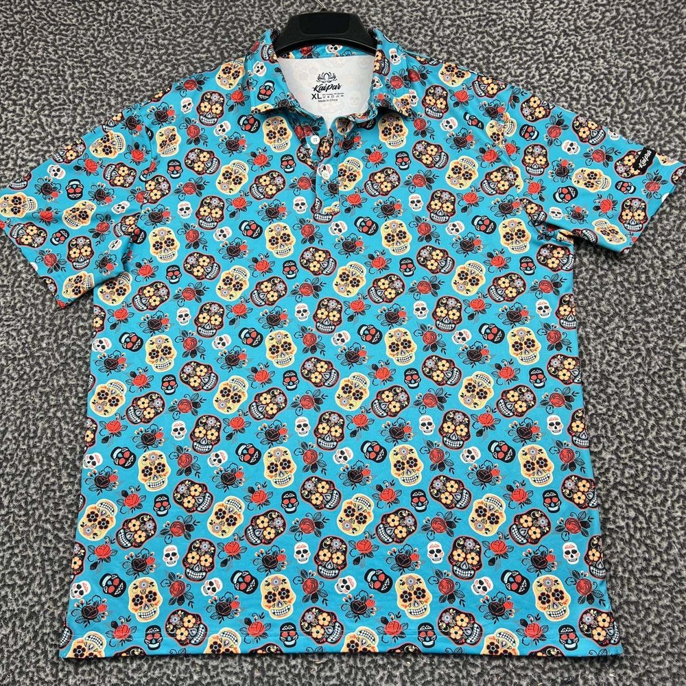 Kaipar Golf Polo Shirt Men XL Blue Sugar Skull Rose Print Short Sleeve